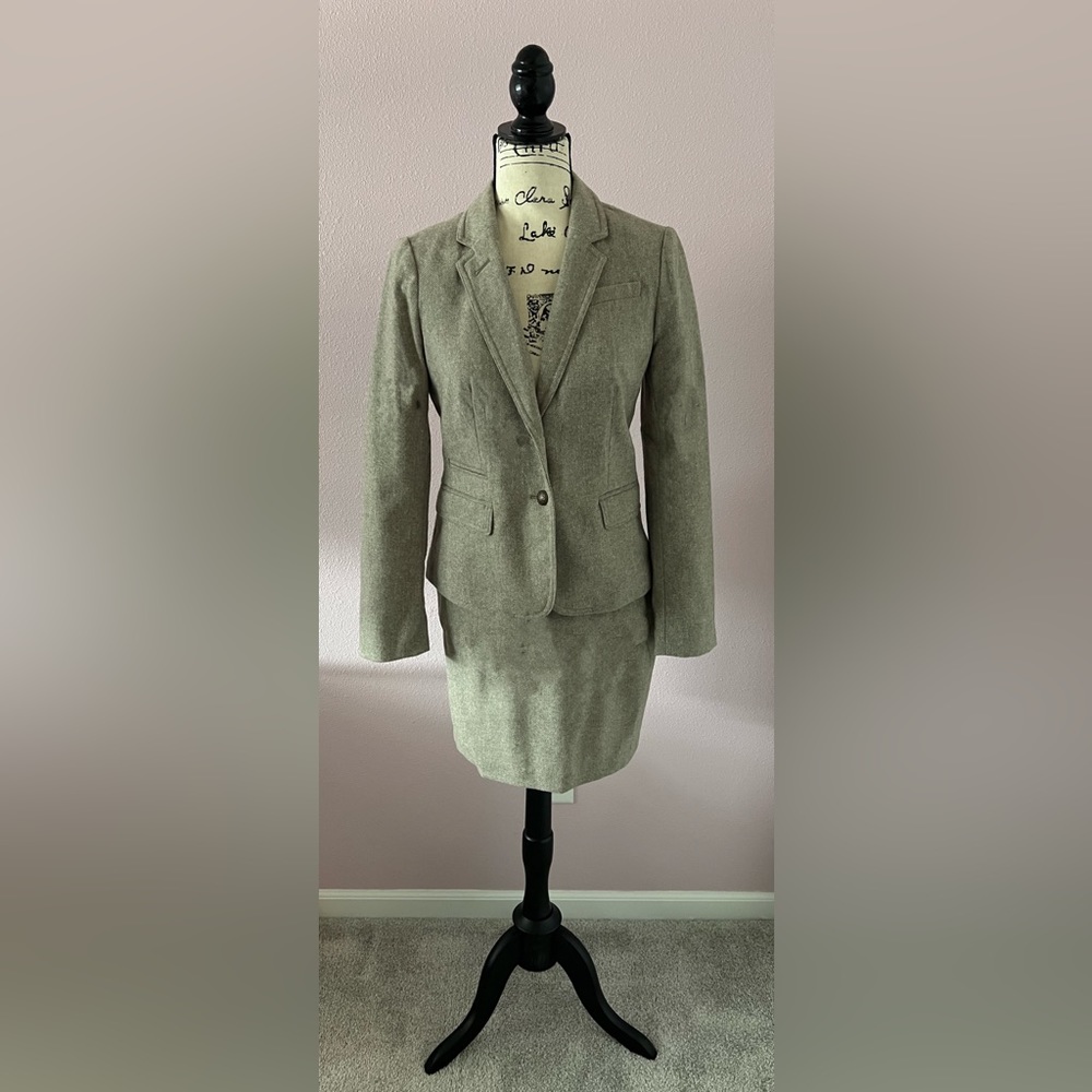 Tweed button up suit jacket with matching skirt